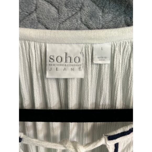 SOHO Peasant Blouse in White with blue accent Size L Country Boho Hippie Gauze - Picture 3 of 7